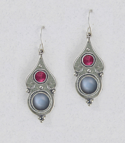 Sterling Silver Gothic Look With Grey Moonstone And Pink Tourmaline Gemstone Drop Dangle Earrings